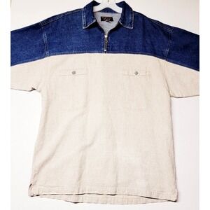 Results Jeans Shirt Mens Large Blue Beige Colorblock Denim Quarter Zip Vintage